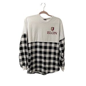NWOT Elon oversized longsleeve, white with black/white checkers, women’s size S